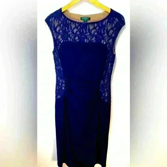Lauren Ralph Lauren Navy Blue Lace Sequin Gathered Stretch Dress - Picture 1 of 9